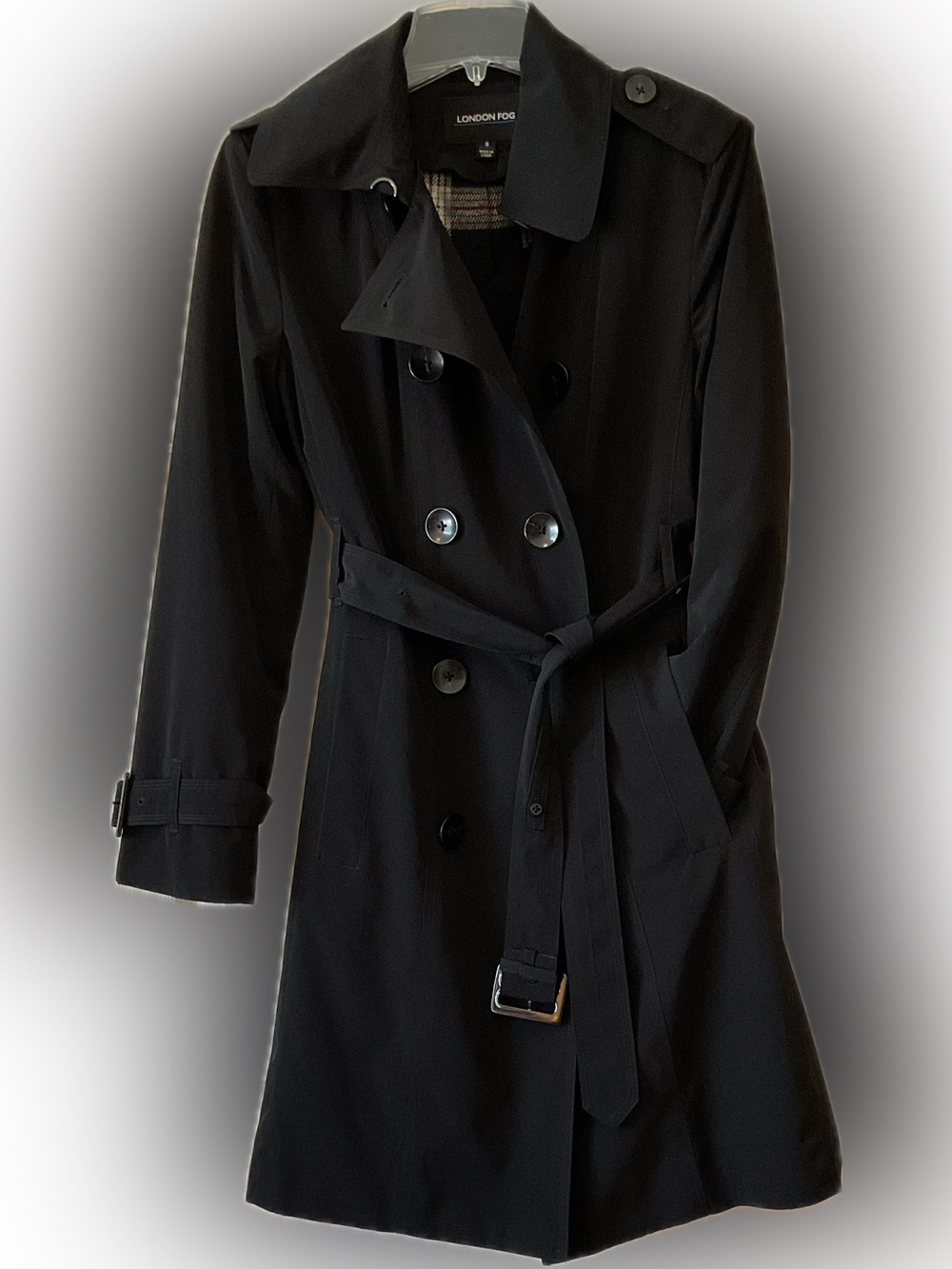 London Fog Black Double-Breasted Belted Trench Coat